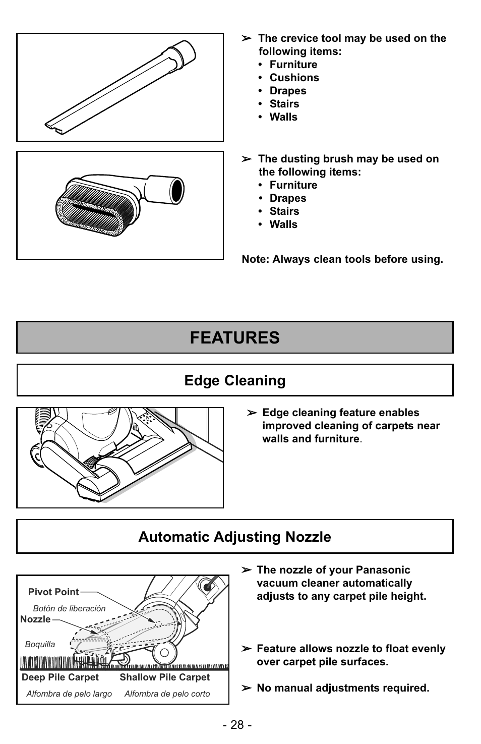 Features, Edge cleaning automatic adjusting nozzle | Panasonic MC-UG323 User Manual | Page 28 / 60