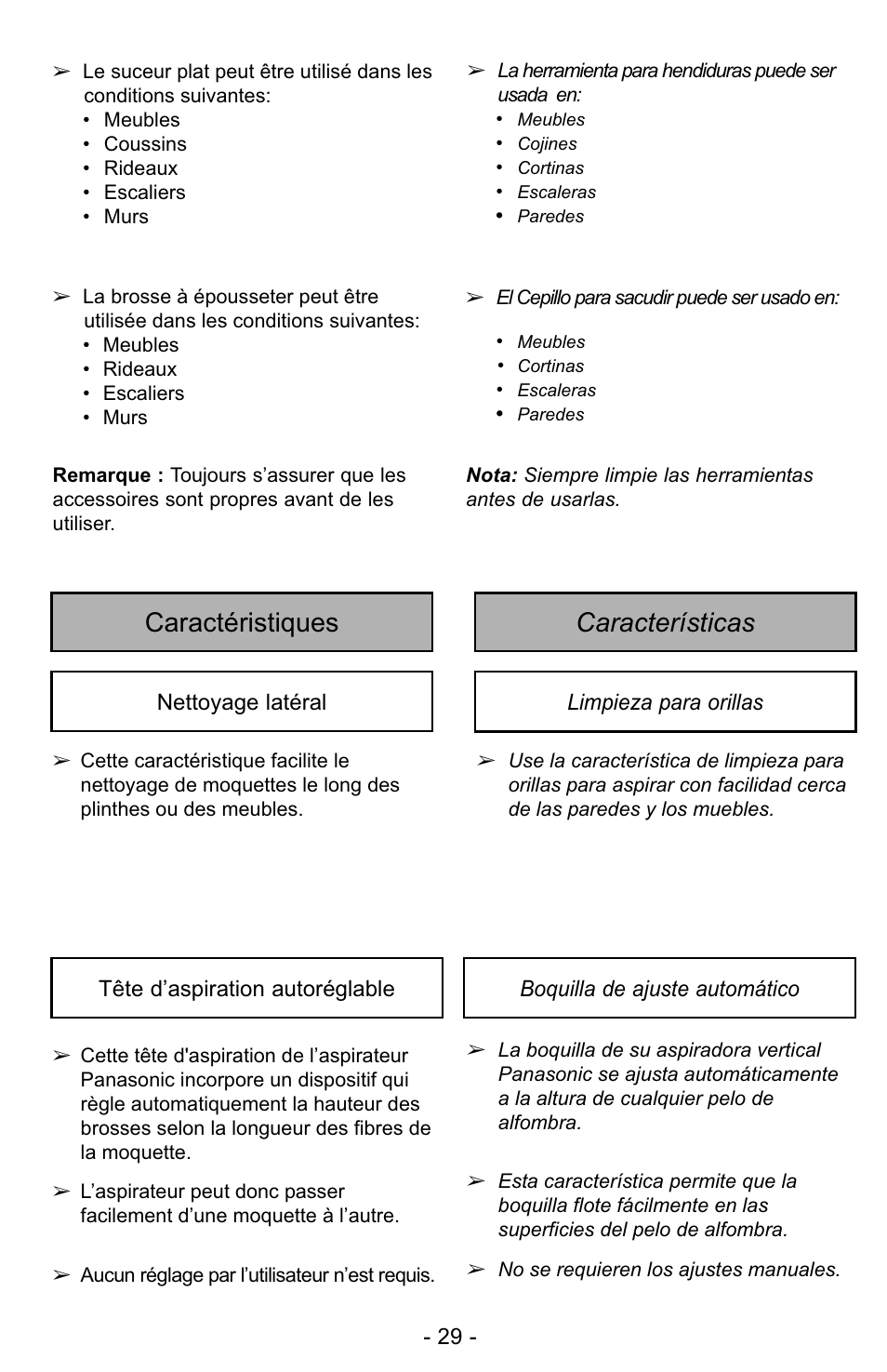 Caractéristiques, Características, Características caractéristiques | Panasonic MC-UG323 User Manual | Page 29 / 60