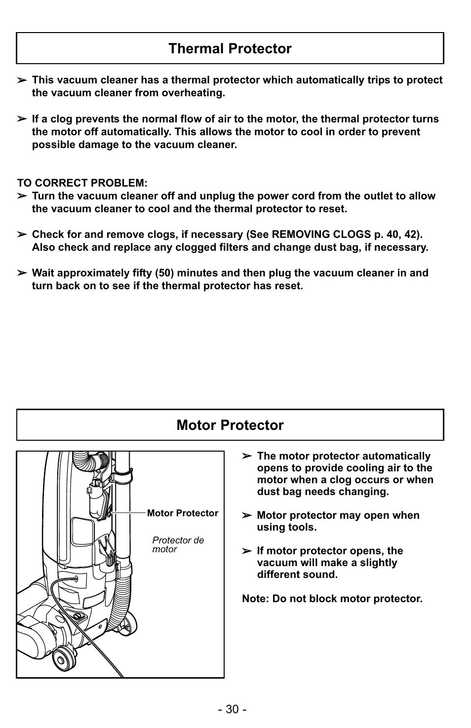 Thermal protector, Motor protector | Panasonic MC-UG323 User Manual | Page 30 / 60