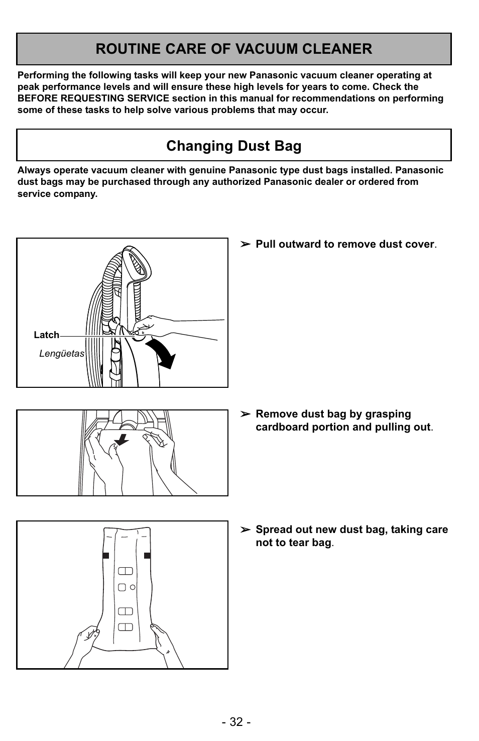 Routine care of vacuum cleaner, Changing dust bag | Panasonic MC-UG323 User Manual | Page 32 / 60