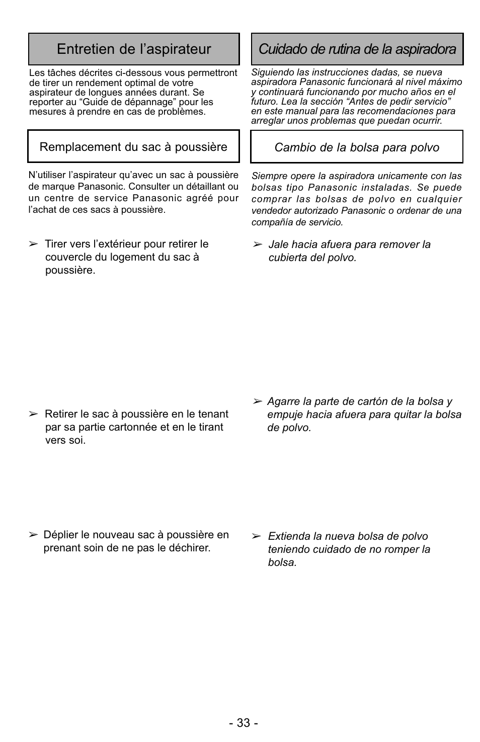 Entretien de l’aspirateur, Cuidado de rutina de la aspiradora | Panasonic MC-UG323 User Manual | Page 33 / 60