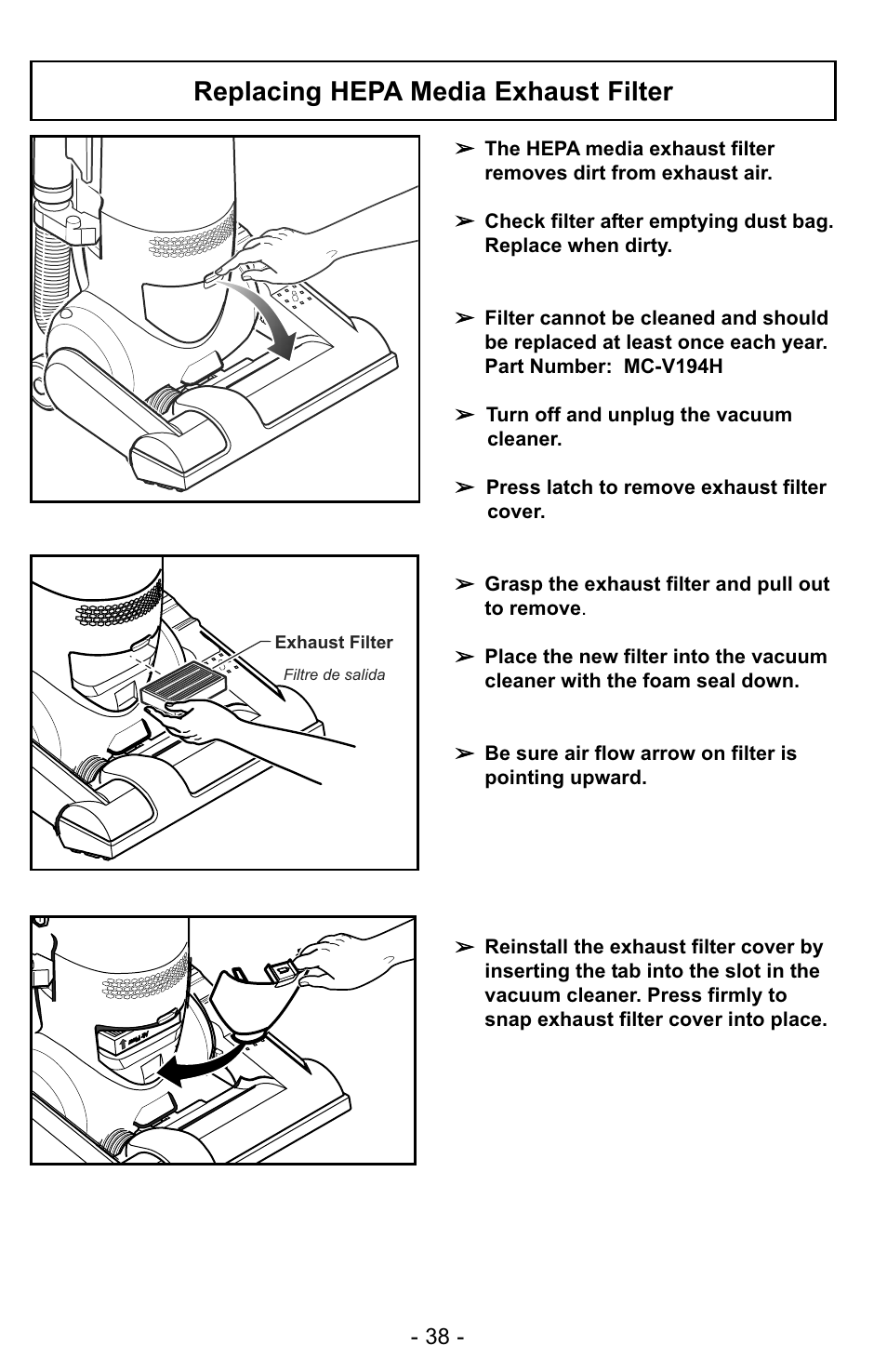 Replacing hepa media exhaust filter | Panasonic MC-UG323 User Manual | Page 38 / 60