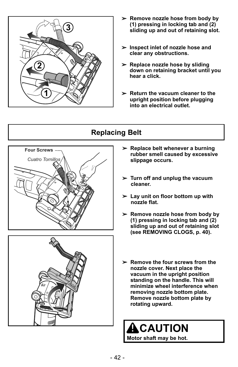 Caution, Replacing belt | Panasonic MC-UG323 User Manual | Page 42 / 60