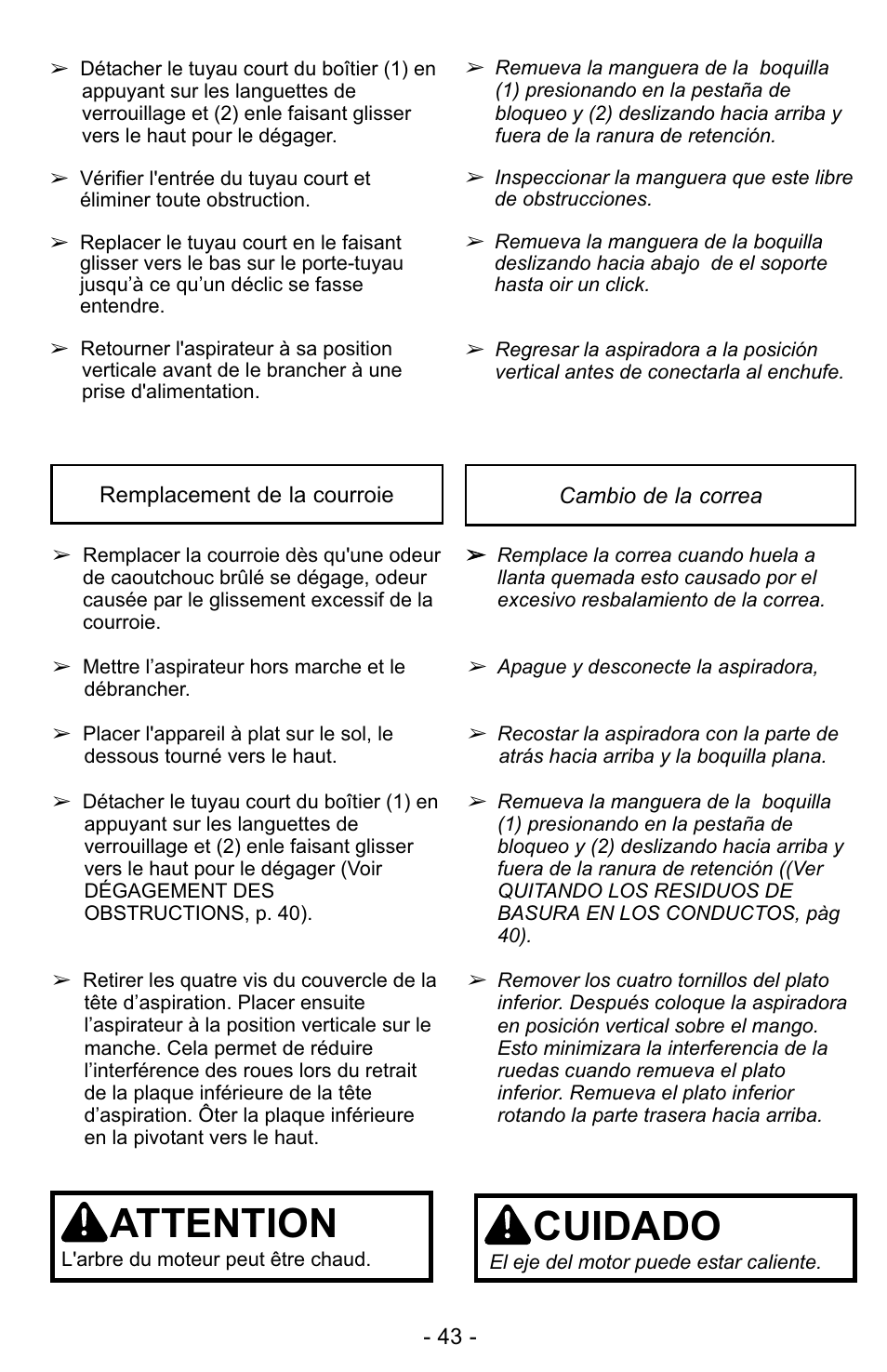 Attention, Cuidado | Panasonic MC-UG323 User Manual | Page 43 / 60