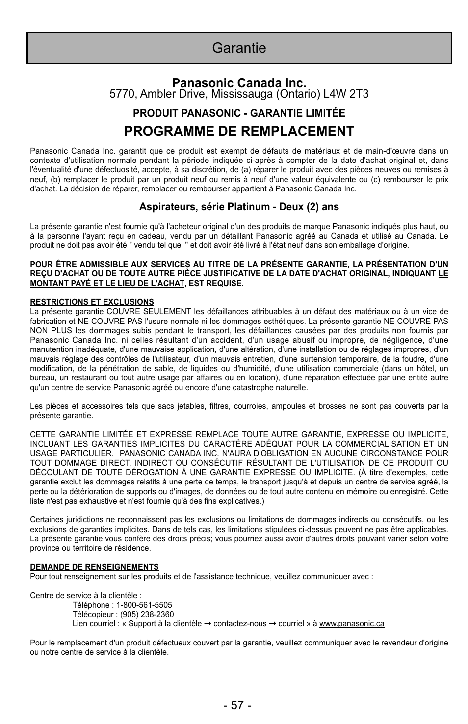 Garantie, Programme de remplacement, Panasonic canada inc | Panasonic MC-UG323 User Manual | Page 57 / 60
