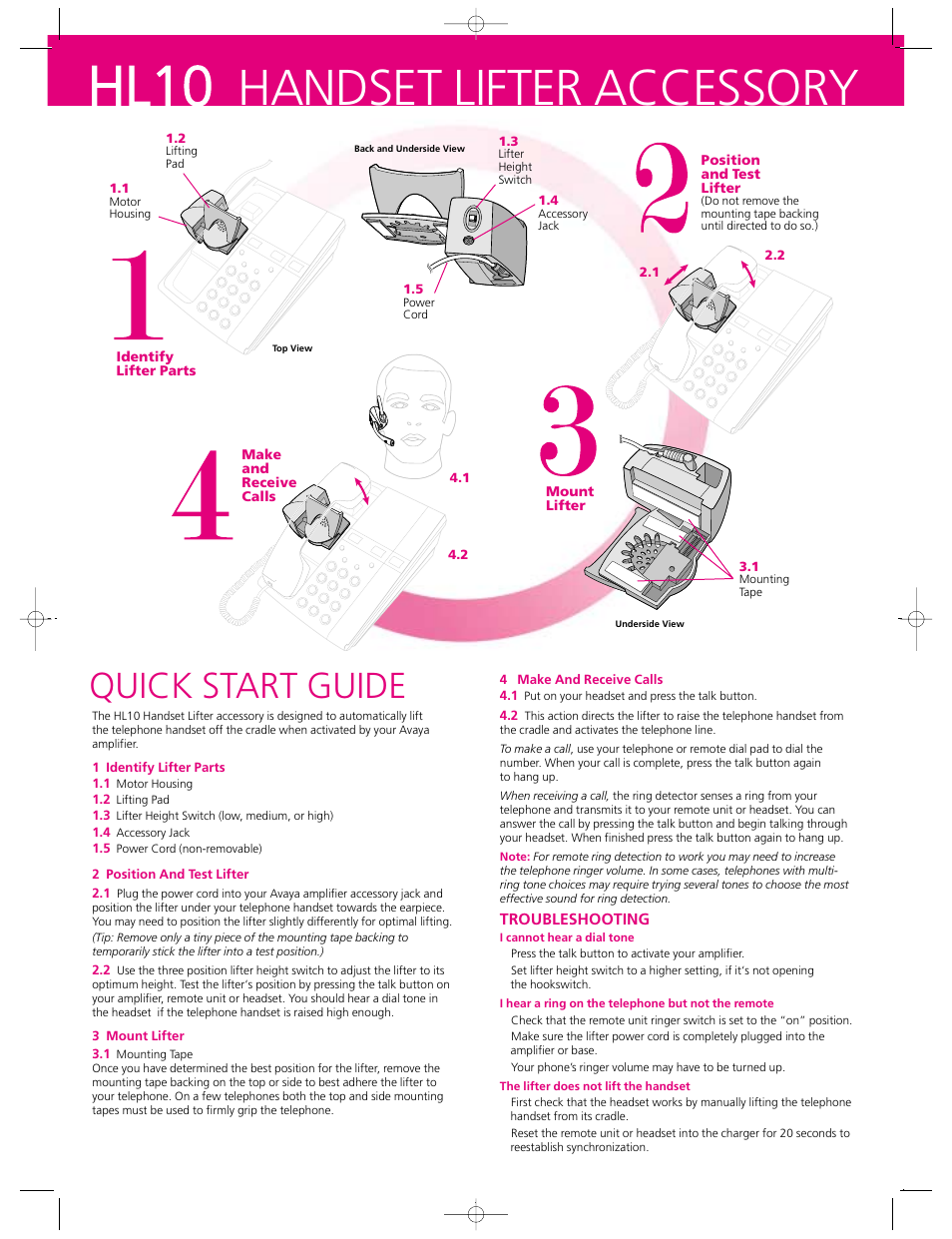 Hl10, Handset lifter accessory, Quick start guide | Avaya Telephone Handset Lifter Accessory HL10 User Manual | Page 2 / 2