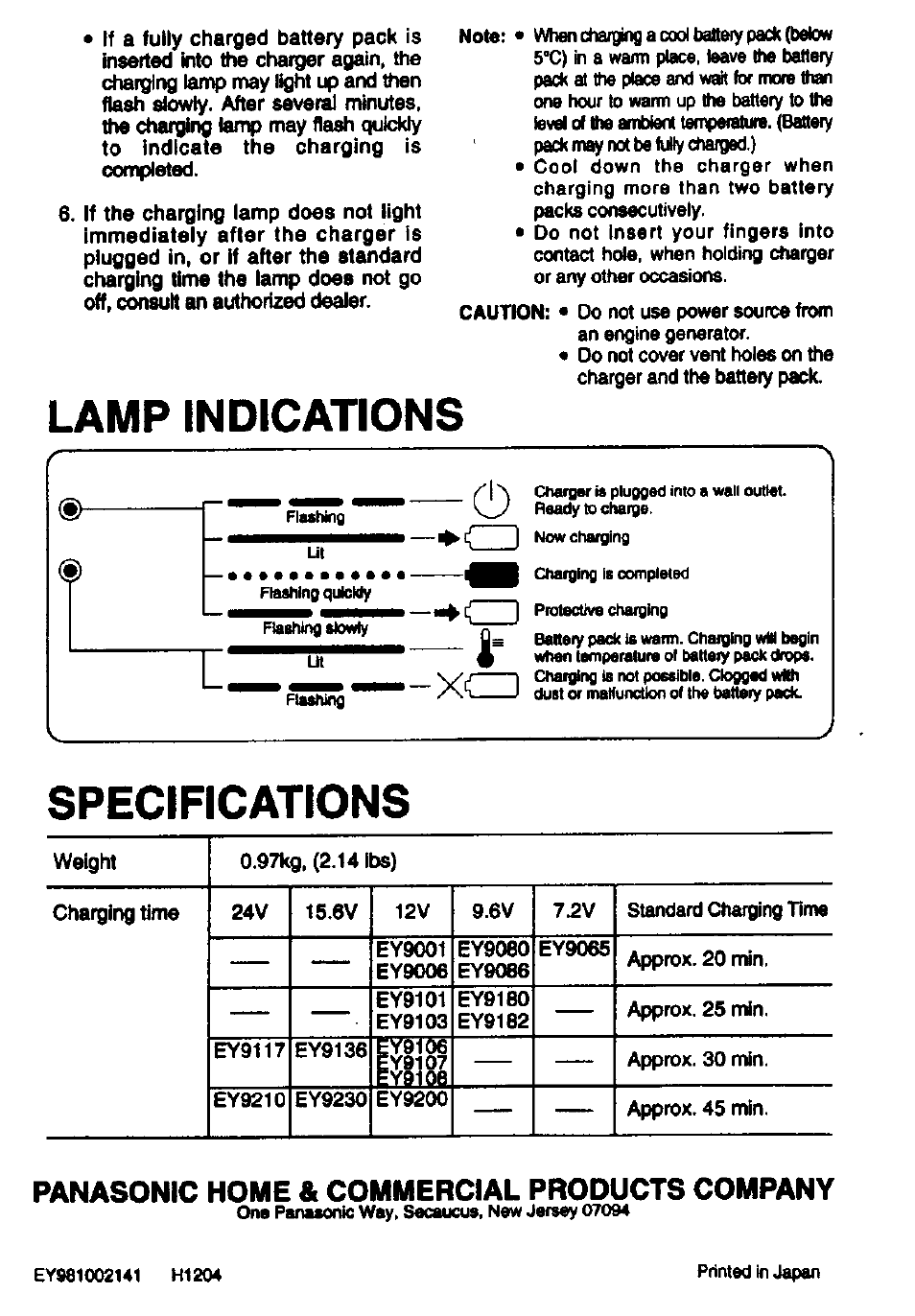 Lamp indications, Specifications, Panasonic home & commercial products company | Panasonic EY0214B User Manual | Page 4 / 4