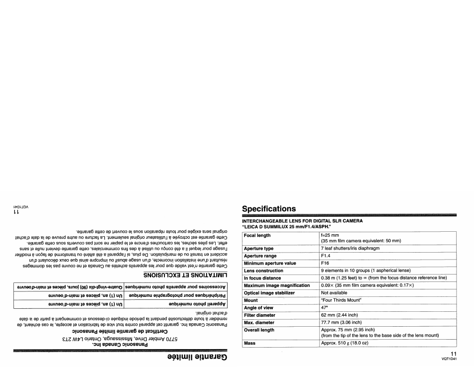 Specifications | Panasonic L-X025 User Manual | Page 11 / 40