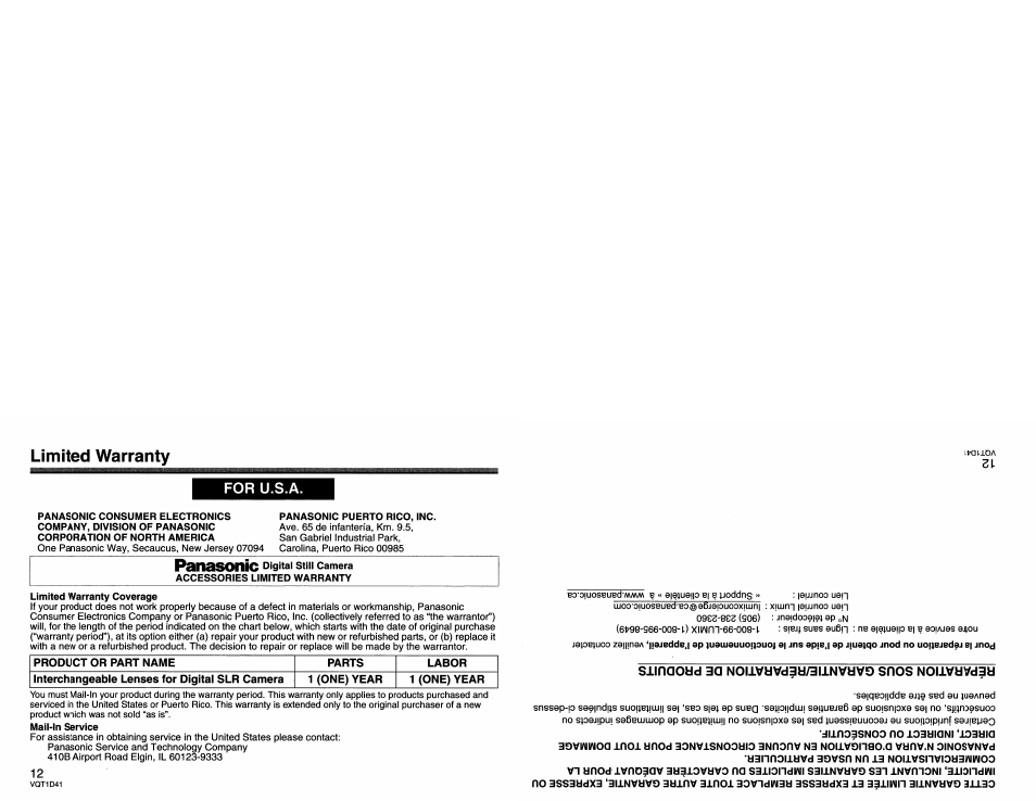 Limited warranty, For u.s.a, Panasonic | Panasonic L-X025 User Manual | Page 12 / 40
