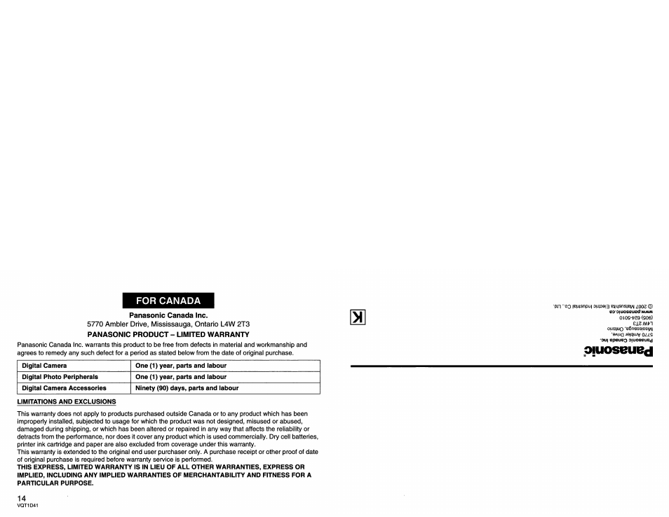 For canada | Panasonic L-X025 User Manual | Page 14 / 40