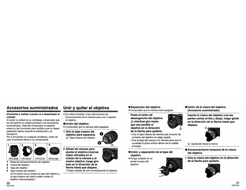 Accesorios suministrados, Unir y quitar ei objetivo, Unir y quitar el objetivo | Panasonic L-X025 User Manual | Page 20 / 40