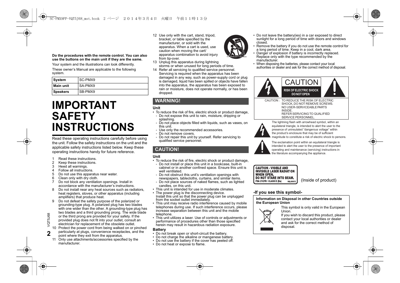 Important safety instructions, Caution | Panasonic SC-PMX9 User Manual | Page 2 / 21