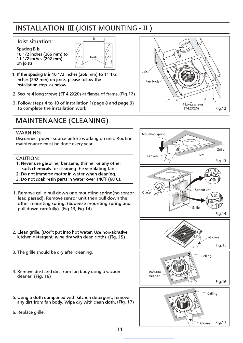 Maintenance (cleaning), Installation m (joist mounting - ii) | Panasonic FV-08VK3 User Manual | Page 11 / 12