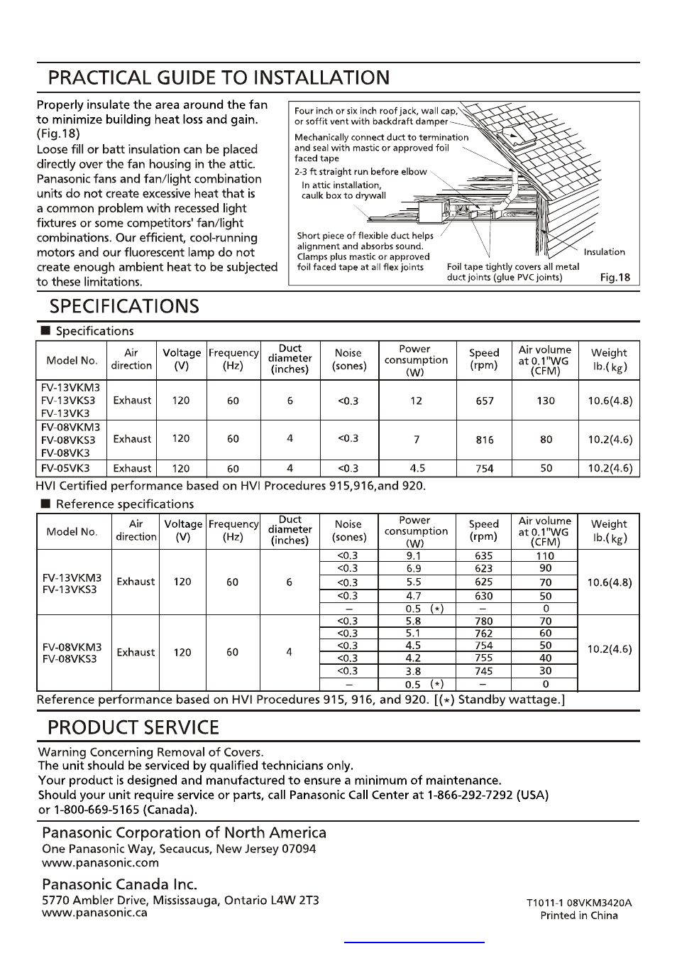 Practical guide to installation, Specifications, Product service | Panasonic corporation of north america, Panasonic canada inc | Panasonic FV-08VK3 User Manual | Page 12 / 12
