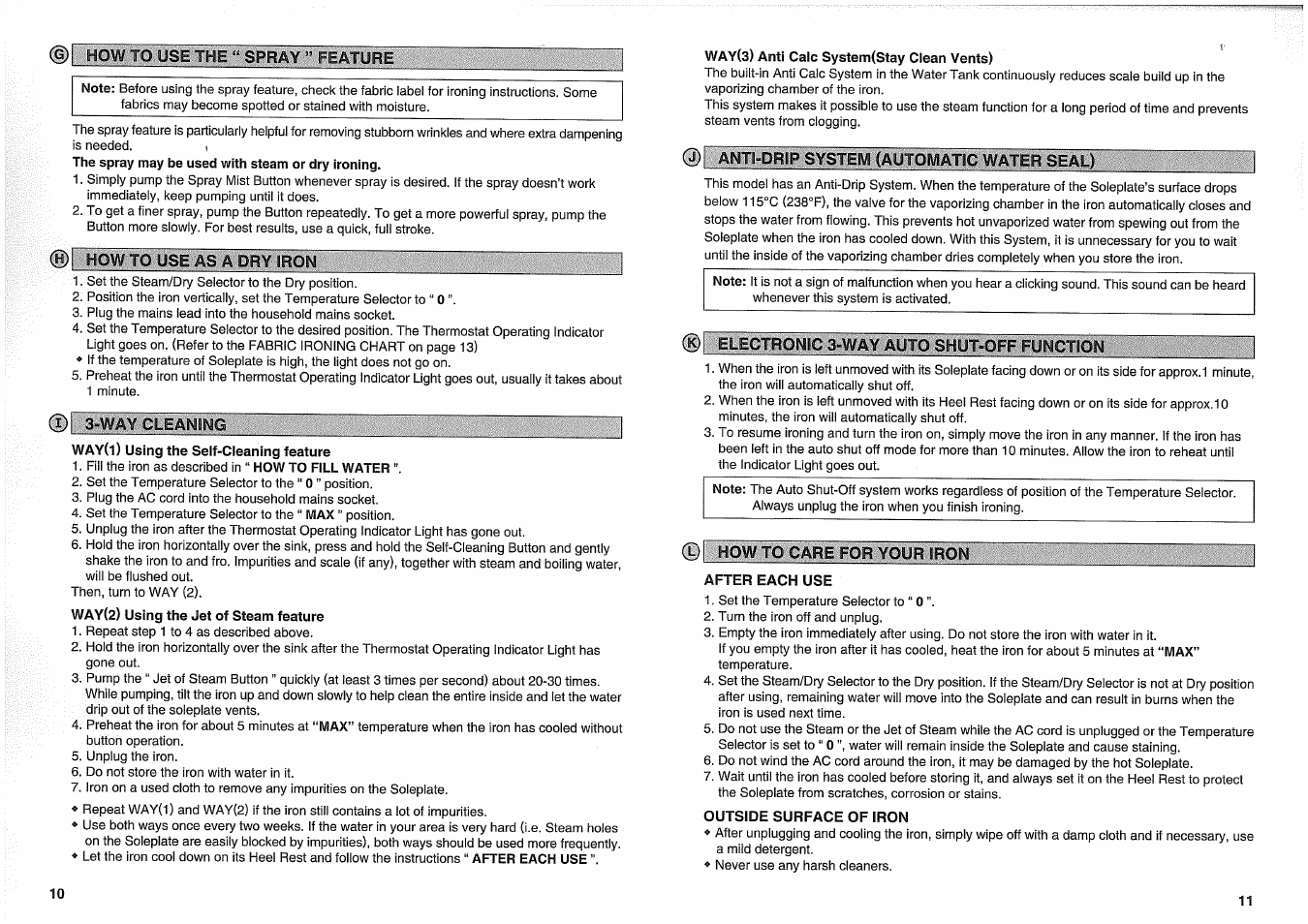 J) amti-drip system (automatic water seal), Electronic 3-way auto shut-off function, How to care for your iron | Panasonic NI-W950A User Manual | Page 11 / 32
