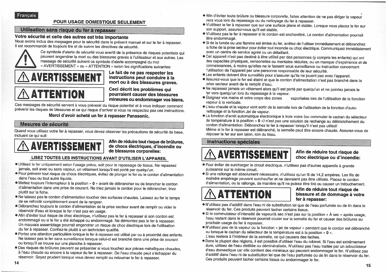 A avertissement, Attention | Panasonic NI-W950A User Manual | Page 14 / 32