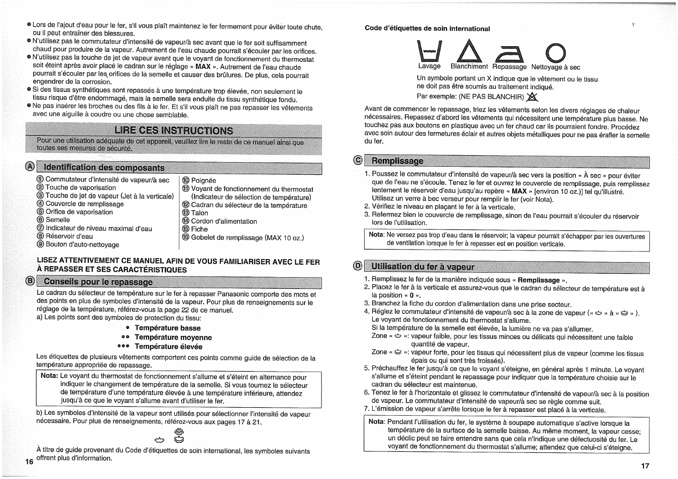 Lcüe^iiîc^îôoin_des composant, Cor^eôls pour ie repassage, Lire ces b^strüctsofî^s | Panasonic NI-W950A User Manual | Page 16 / 32