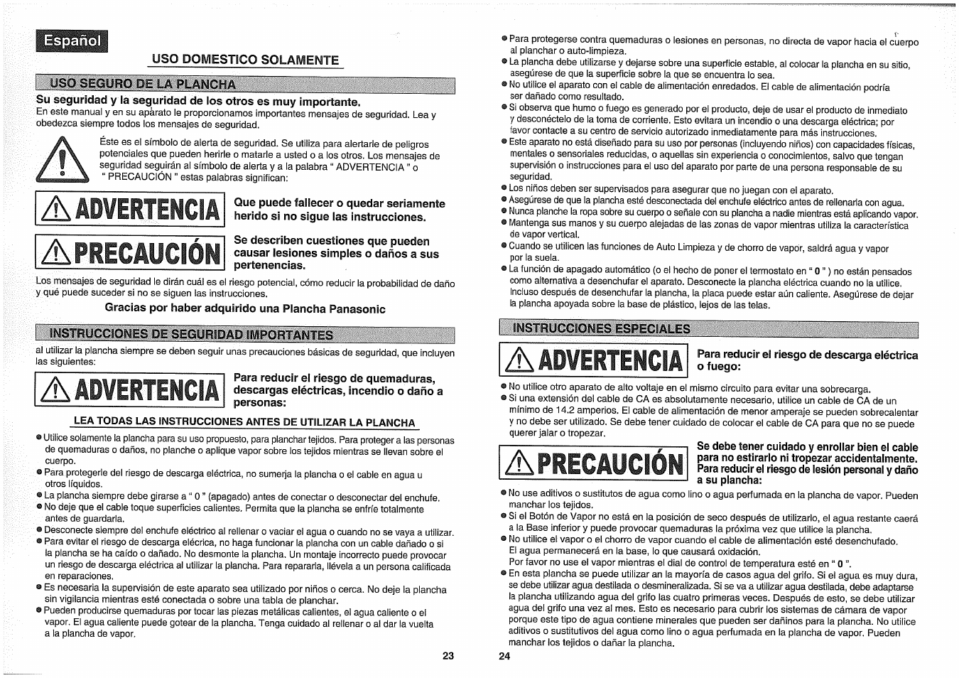 Instrucciones especiales | Panasonic NI-W950A User Manual | Page 24 / 32