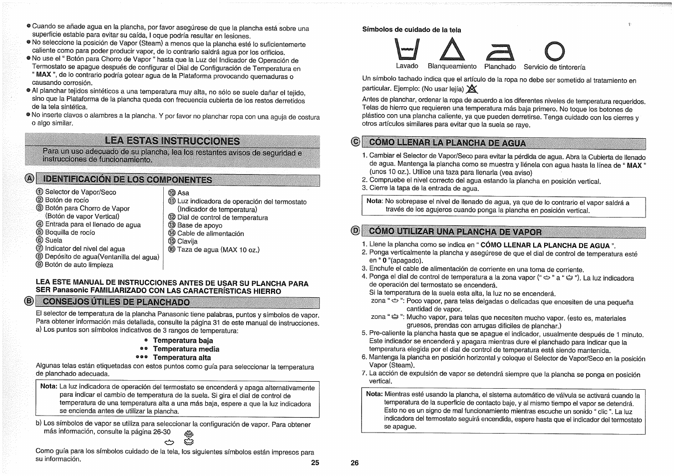 Lea estas ímstrüccíones, Dentsf1cac1ón de los componentes, Consejos ut5les de planchado | Panasonic NI-W950A User Manual | Page 25 / 32