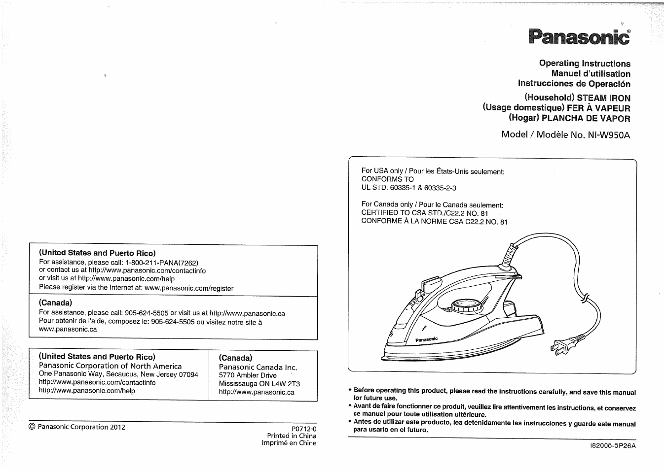 United states and puerto rico), Canada) | Panasonic NI-W950A User Manual | Page 32 / 32