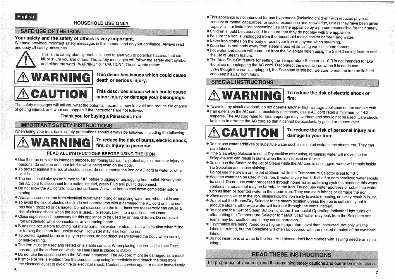 To reduce the risk of electric shock or, Fire, Read these bnstruct 30 bs 1 s | Spectal instruchoms | Panasonic NI-W950A User Manual | Page 7 / 32