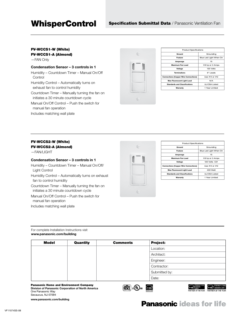 Panasonic FV-WCSW41-W User Manual | 2 pages