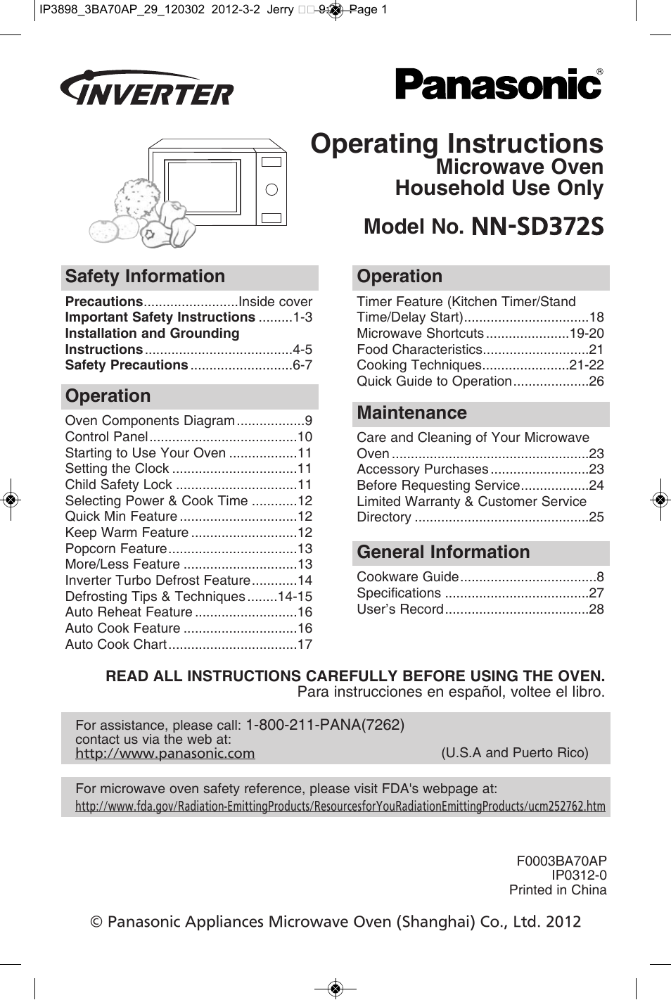 Panasonic NN-SD372S User Manual | 30 pages