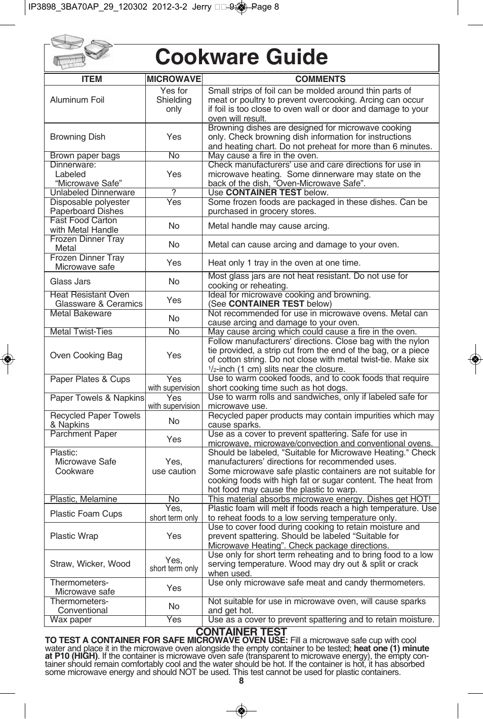 Cookware guide, Container test | Panasonic NN-SD372S User Manual | Page 10 / 30