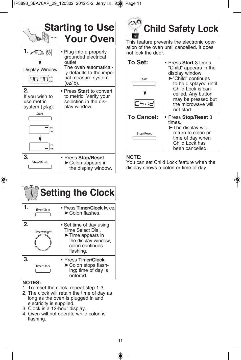 Setting the clock, Starting to use your oven child safety lock | Panasonic NN-SD372S User Manual | Page 13 / 30