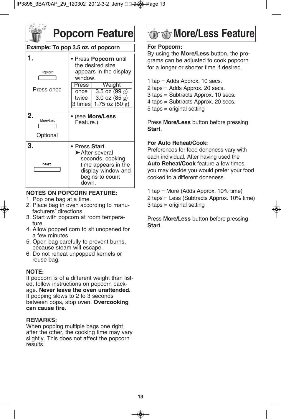 Popcorn feature more/less feature | Panasonic NN-SD372S User Manual | Page 15 / 30