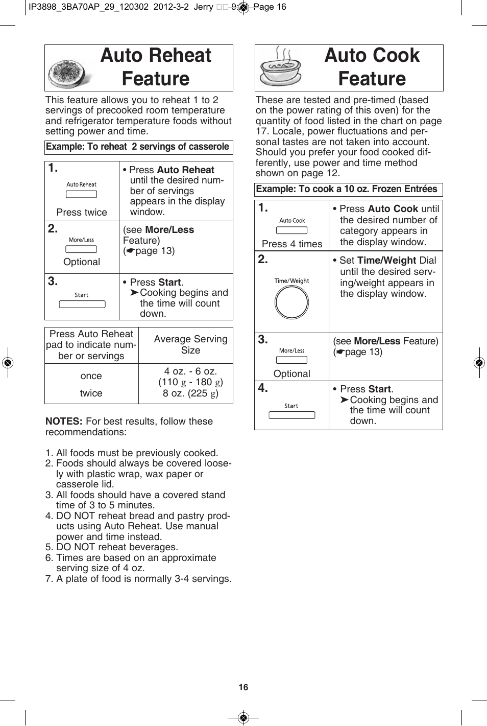 Auto reheat feature auto cook feature | Panasonic NN-SD372S User Manual | Page 18 / 30