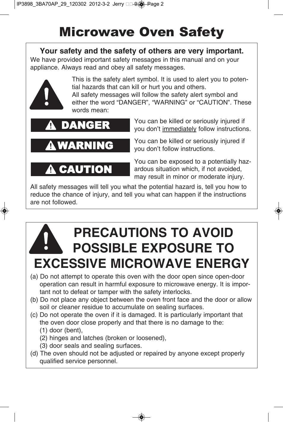 Safety information, Microwave oven safety, Danger warning | Caution | Panasonic NN-SD372S User Manual | Page 2 / 30