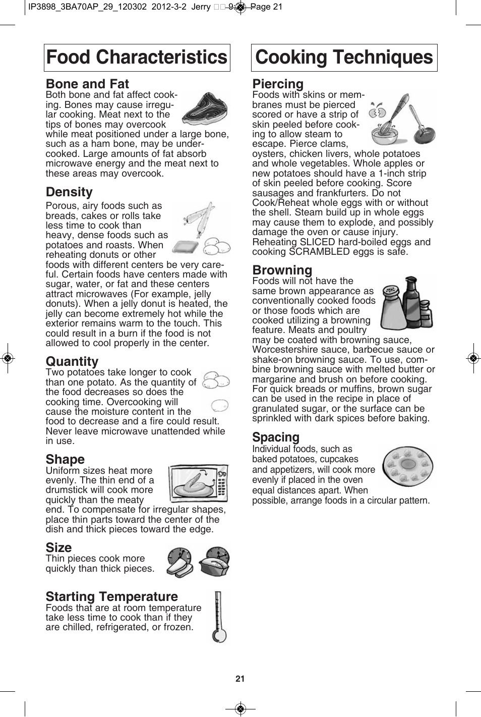 Food characteristics cooking techniques, Bone and fat, Density | Quantity, Shape, Size, Starting temperature, Piercing, Browning, Spacing | Panasonic NN-SD372S User Manual | Page 23 / 30
