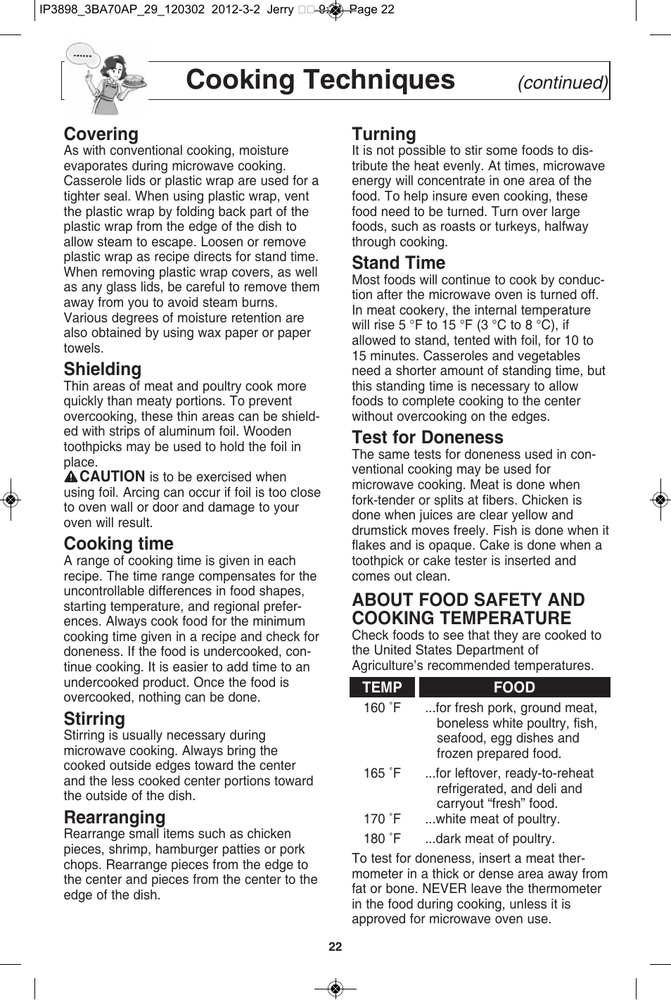 Cooking techniques, Continued) covering, Shielding | Cooking time, Stirring, Rearranging, Turning, Stand time, Test for doneness, About food safety and cooking temperature | Panasonic NN-SD372S User Manual | Page 24 / 30