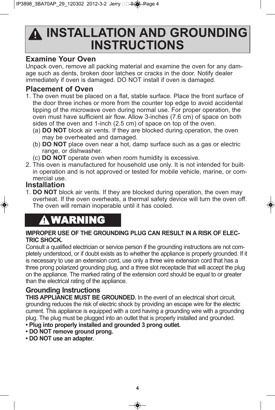 Installation and grounding instructions, Warning | Panasonic NN-SD372S User Manual | Page 6 / 30