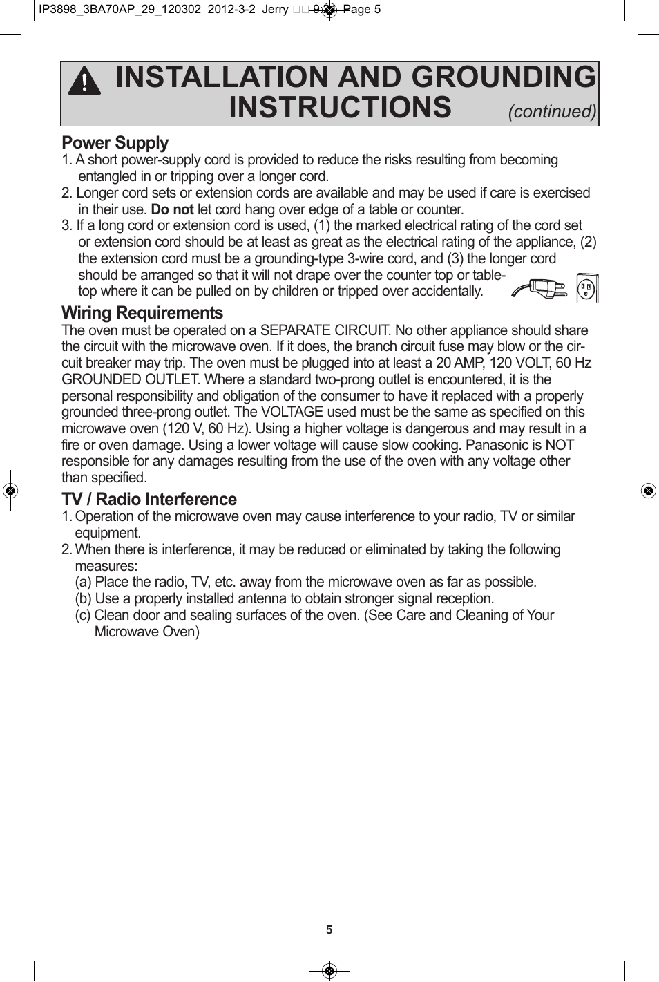 Installation and grounding instructions | Panasonic NN-SD372S User Manual | Page 7 / 30