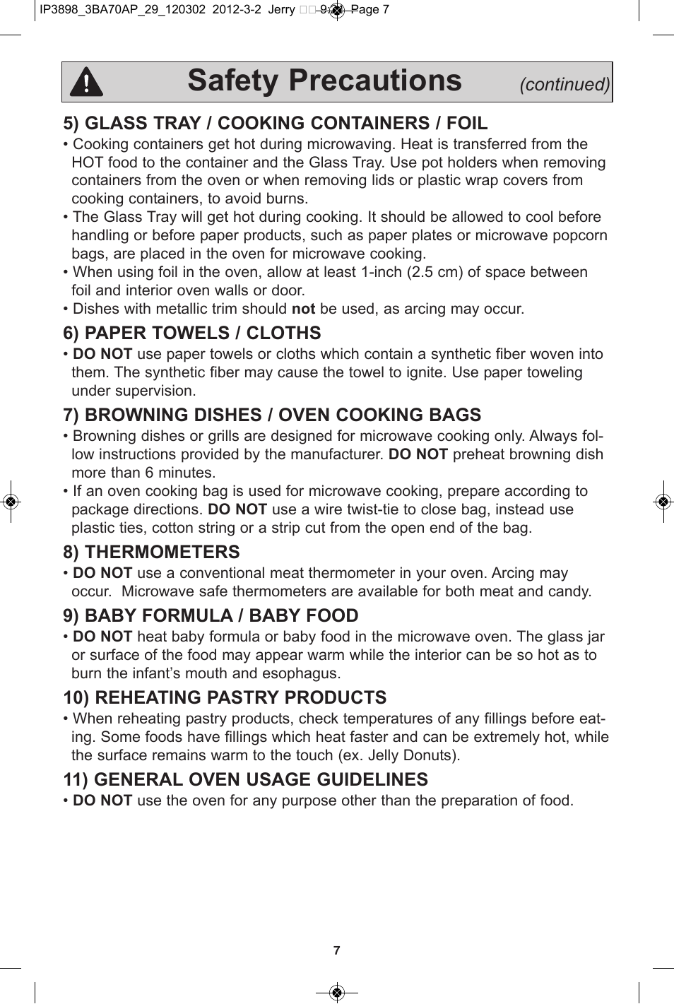 Safety precautions | Panasonic NN-SD372S User Manual | Page 9 / 30