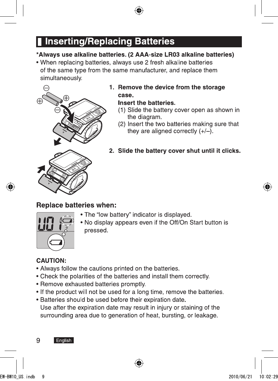 I inserting/replacing batteries, 9 ijffllh | Panasonic EW-BW10W User Manual | Page 10 / 27