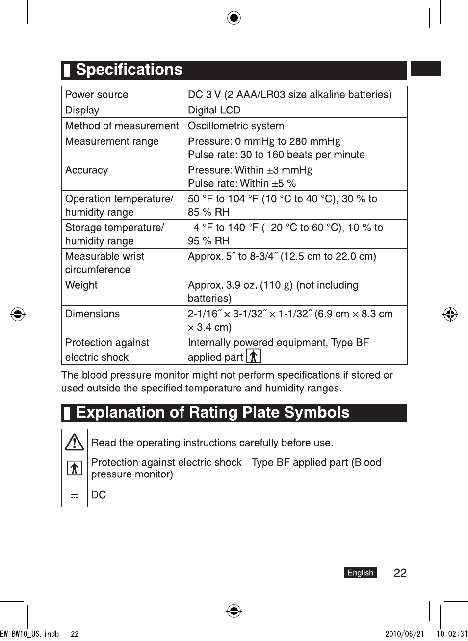 I specifications, I expianation of rating piate symbois | Panasonic EW-BW10W User Manual | Page 23 / 27