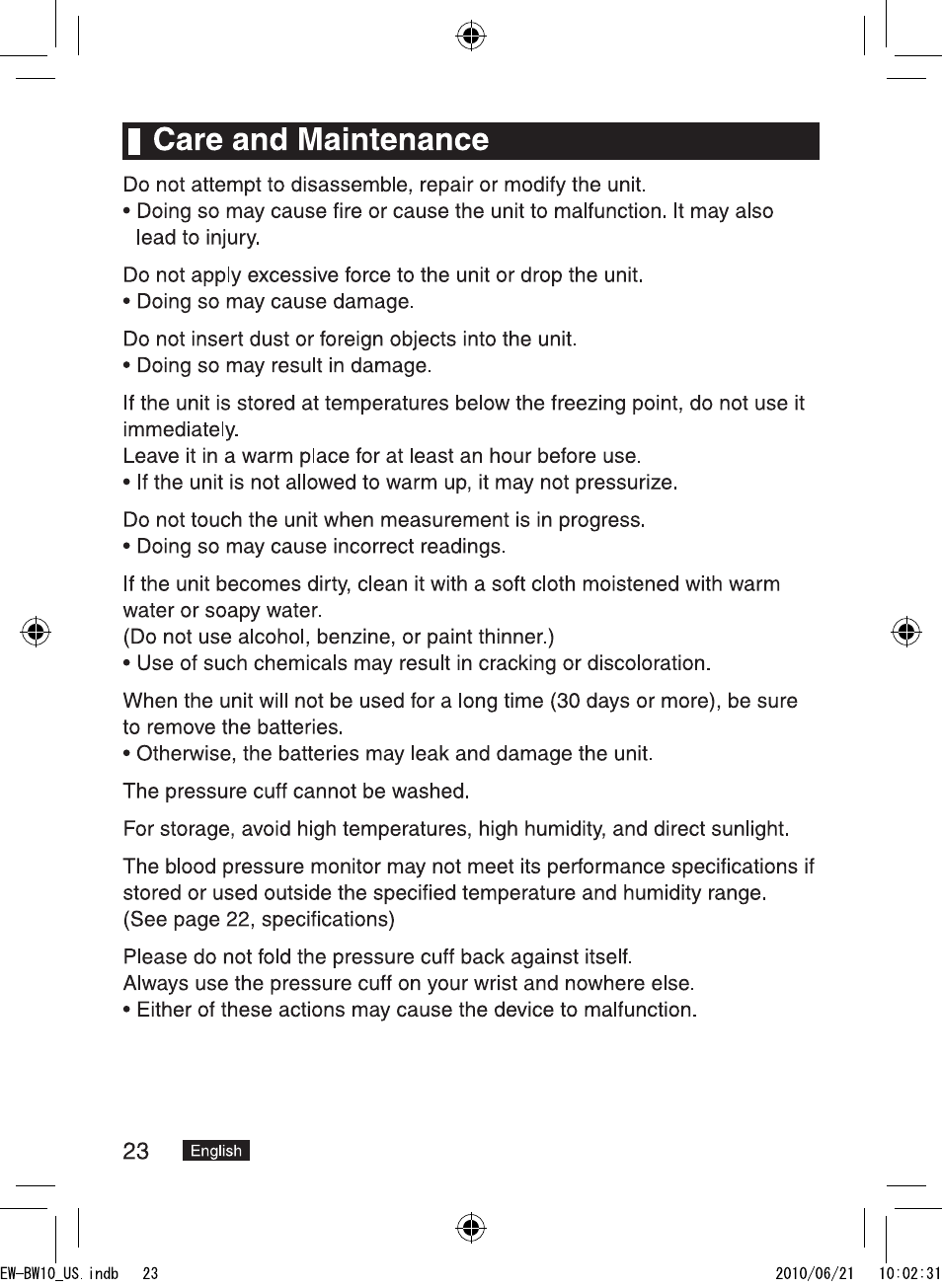 I care and maintenance | Panasonic EW-BW10W User Manual | Page 24 / 27
