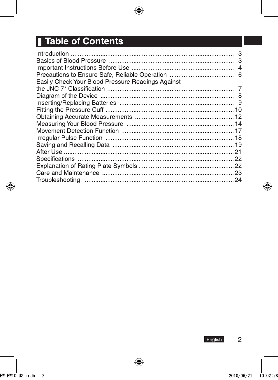 I table of contents | Panasonic EW-BW10W User Manual | Page 3 / 27