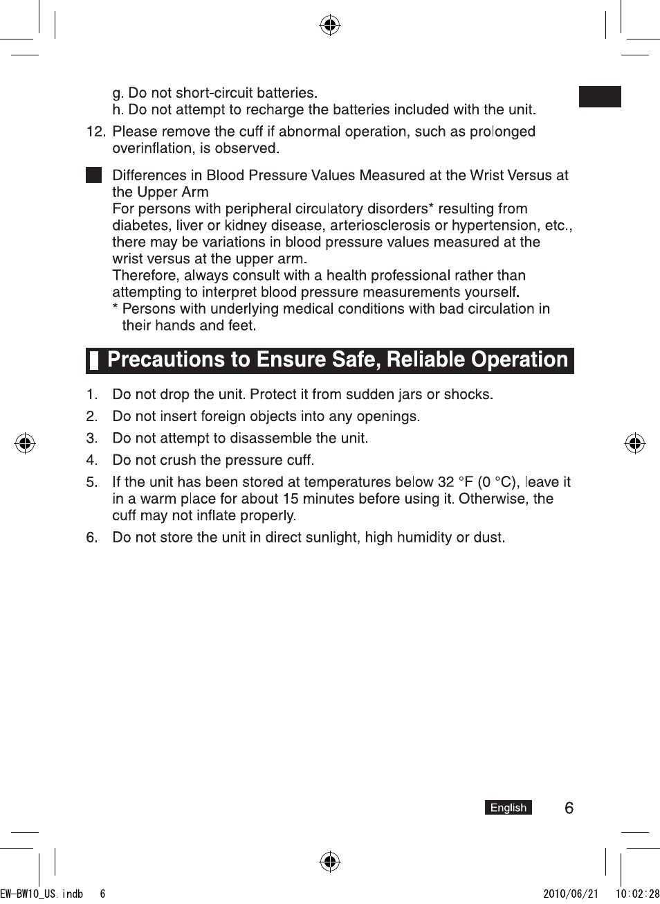 I precautions to ensure safe, reliable operation | Panasonic EW-BW10W User Manual | Page 7 / 27