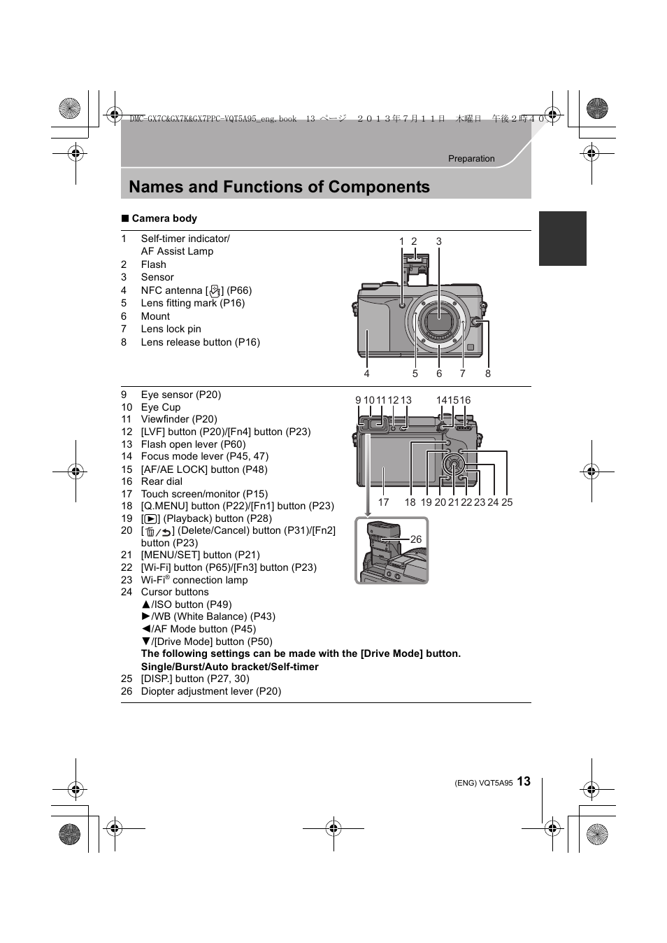 Names and functions of components | Panasonic DMC-GX7SBODY User Manual | Page 13 / 104