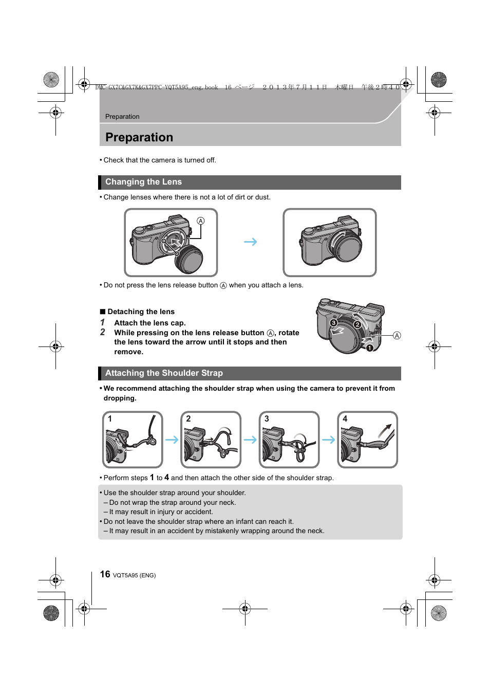 Preparation, Changing the lens, Attaching the shoulder strap | Panasonic DMC-GX7SBODY User Manual | Page 16 / 104