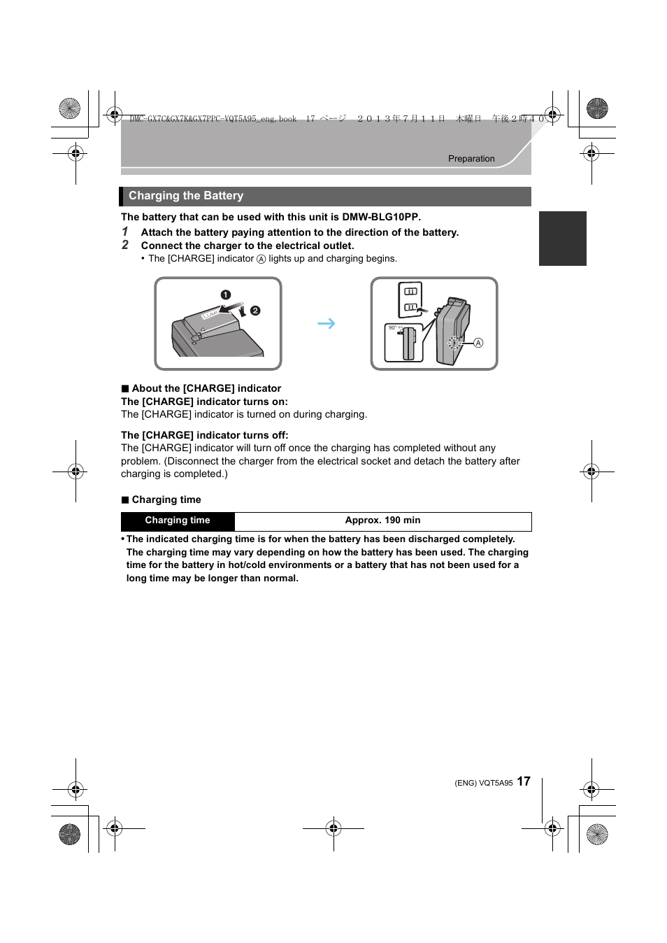 Charging the battery | Panasonic DMC-GX7SBODY User Manual | Page 17 / 104