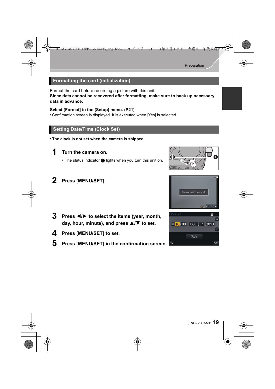 Formatting the card (initialization), Setting date/time (clock set) | Panasonic DMC-GX7SBODY User Manual | Page 19 / 104