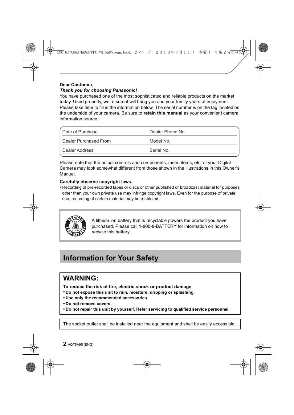 Information for your safety, Warning | Panasonic DMC-GX7SBODY User Manual | Page 2 / 104