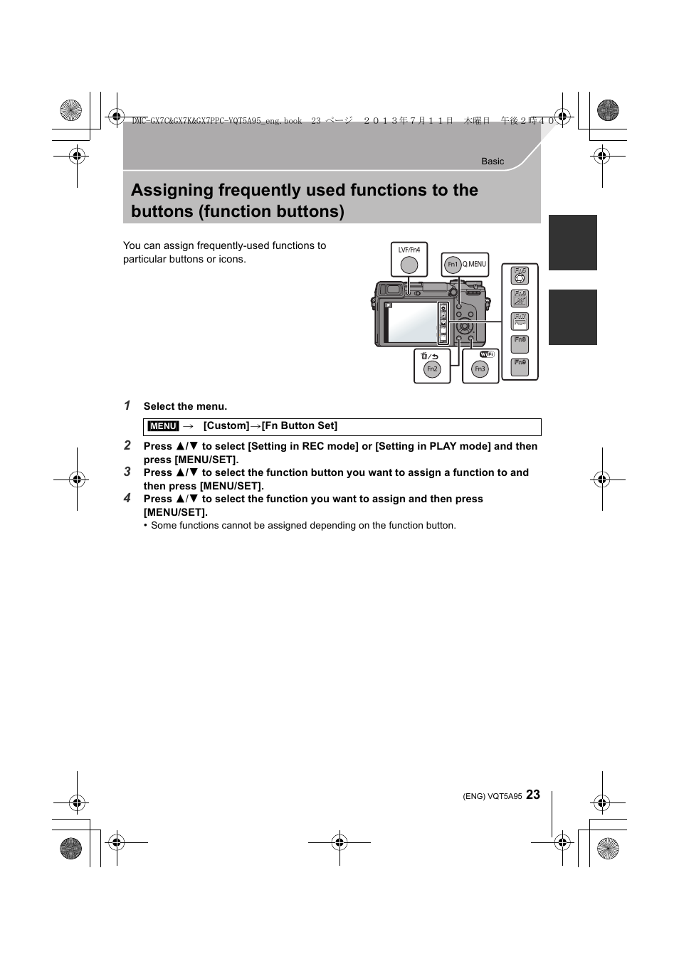 Basic, Select the menu, Menu] > [custom] > [fn button set | Panasonic DMC-GX7SBODY User Manual | Page 23 / 104