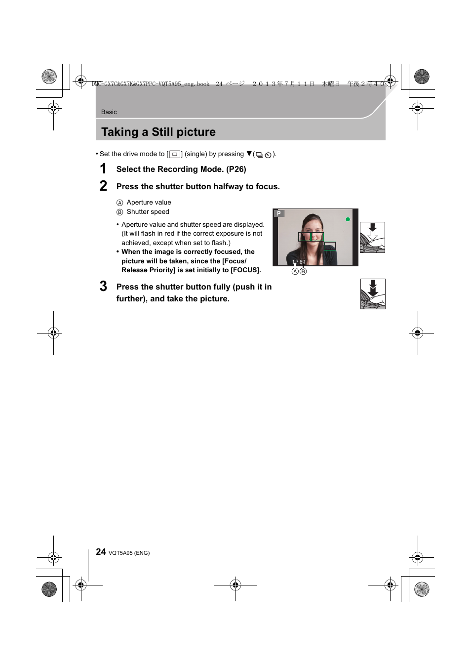 Taking a still picture | Panasonic DMC-GX7SBODY User Manual | Page 24 / 104