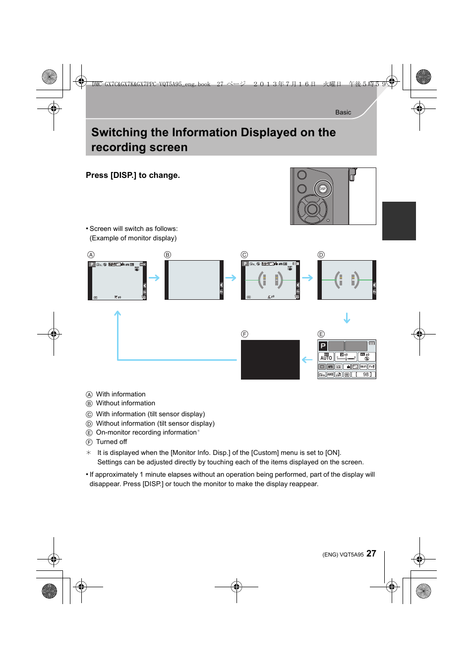 Press [disp.] to change | Panasonic DMC-GX7SBODY User Manual | Page 27 / 104